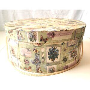 Maxi Size! Vtg Shabby Chic Hat Box Cardboard w/ Rope Handle, 15.25" Floral